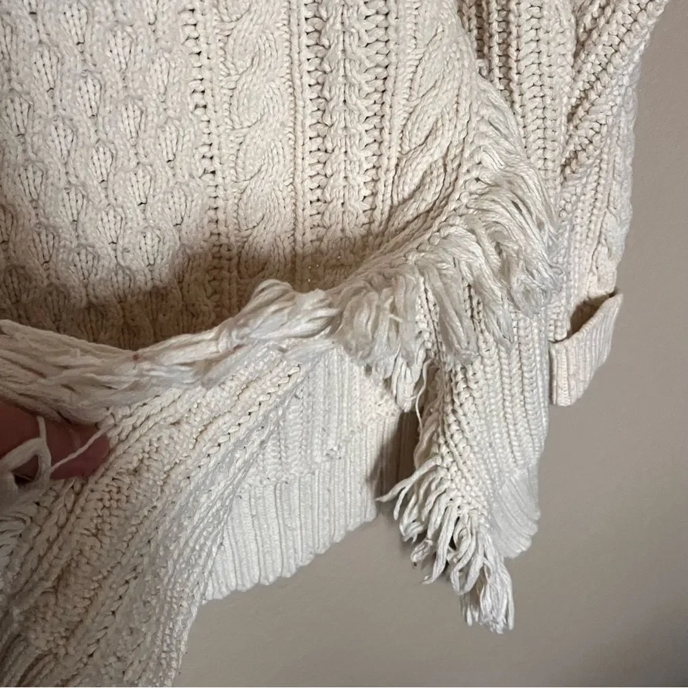 J. Crew Cream Fisherman Cable Knit Sweater with Slit & Fringe Detail Size Medium